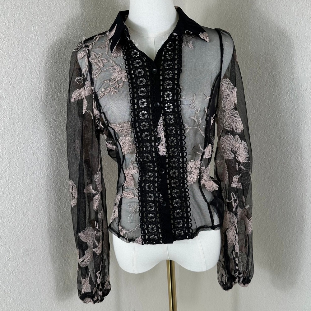 Peach Blouse Women S Transparent Mesh Pink Floral Embroidered Sheer Back Balloon